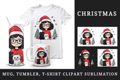 Watercolor cute girl cat Christmas tree Santa Claus hat helper New Year 20 oz tumbler skinny mug wrap clipart t-shirt sublimation printable design