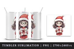 Watercolor cute girl Christmas gift box Santa Claus helper hat New Year 20 oz tumbler skinny mug wrap clipart t-shirt sublimation printable design