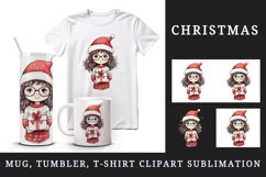 Watercolor cute girl Christmas gift box Santa Claus helper hat New Year 20 oz tumbler skinny mug wrap clipart t-shirt sublimation printable design