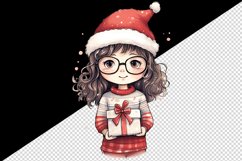 Watercolor cute girl Christmas gift box Santa Claus helper hat New Year 20 oz tumbler skinny mug wrap clipart t-shirt sublimation printable design