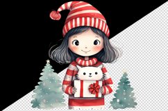 Watercolor cute girl Christmas tree gift box Santa Claus cat New Year 20 oz tumbler skinny mug wrap clipart t-shirt sublimation printable design