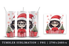 Watercolor cute girl Christmas tree gift box Santa Claus hat New Year 20 oz tumbler skinny mug wrap clipart t-shirt sublimation printable design