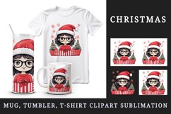 Watercolor cute girl Christmas tree gift box Santa Claus hat New Year 20 oz tumbler skinny mug wrap clipart t-shirt sublimation printable design