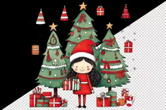 Watercolor cute girl Christmas tree gift box Santa Claus hat New Year 20 oz tumbler skinny mug wrap clipart t-shirt sublimation printable design