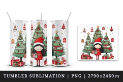 Watercolor cute girl Christmas tree gift box Santa Claus hat New Year 20 oz tumbler skinny mug wrap clipart t-shirt sublimation printable design