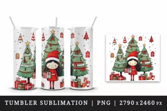 Watercolor cute girl Christmas tree gift box Santa Claus hat New Year 20 oz tumbler skinny mug wrap clipart t-shirt sublimation printable design