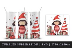 Watercolor cute girl Christmas tree gift box Santa Claus helper hat New Year 20oz tumbler skinny mug wrap clipart t-shirt sublimation printable design