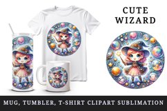Watercolor cute girl wizard casting spells with her wand magical orbs stars print tumbler skinny mug wrap clipart t-shirt sublimation printable design