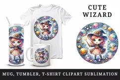 Watercolor cute girl wizard casting spells with her wand magical orbs stars print tumbler skinny mug wrap clipart t-shirt sublimation printable design