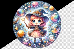 Watercolor cute girl wizard casting spells with her wand magical orbs stars print tumbler skinny mug wrap clipart t-shirt sublimation printable design