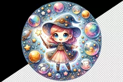 Watercolor cute girl wizard casting spells with her wand magical orbs stars print tumbler skinny mug wrap clipart t-shirt sublimation printable design