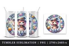 Watercolor cute girl wizard casting spells with her wand magical orbs stars print tumbler skinny mug wrap clipart t-shirt sublimation printable design