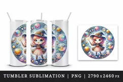 Watercolor cute girl wizard casting spells with her wand magical orbs stars print tumbler skinny mug wrap clipart t-shirt sublimation printable design