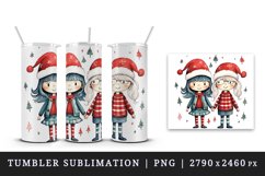 Watercolor cute girls friends Christmas tree Santa Claus hat New Year 20 oz tumbler skinny mug wrap clipart t-shirt sublimation printable design