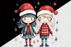 Watercolor cute girls friends Christmas tree Santa Claus hat New Year 20 oz tumbler skinny mug wrap clipart t-shirt sublimation printable design