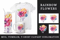 Watercolor cute glamour colorful rainbow flowers floral sparkle diamonds 20oz tumbler skinny mug wrap clipart t-shirt sublimation printable design