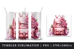 Watercolor cute glamour pink backpack girl flowers reading back to school 20oz tumbler skinny mug wrap clipart t-shirt sublimation printable design