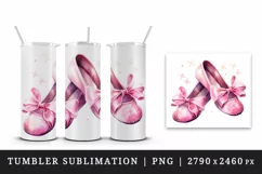 Watercolor cute glamour pink ballet shoes girl hard toe sparkle bow ribbons 20oz tumbler skinny mug wrap clipart t-shirt sublimation printable design