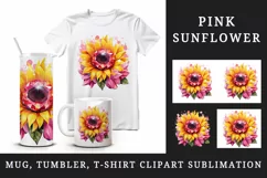 Watercolor cute glamour pink sunflower flower sparkle shining diamonds 20oz tumbler skinny mug wrap clipart t-shirt sublimation printable design