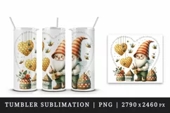 Watercolor cute gnome beekeeper tending to beehives bees hearts print 20 oz tumbler skinny mug wrap clipart t-shirt sublimation printable design