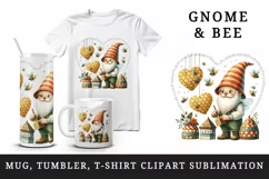 Watercolor cute gnome beekeeper tending to beehives bees hearts print 20 oz tumbler skinny mug wrap clipart t-shirt sublimation printable design