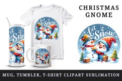 Watercolor cute gnome building snowman Let It Snow Christmas quote print 20 oz tumbler skinny mug wrap clipart t-shirt sublimation printable design