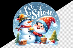 Watercolor cute gnome building snowman Let It Snow Christmas quote print 20 oz tumbler skinny mug wrap clipart t-shirt sublimation printable design