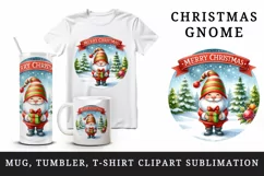Watercolor cute gnome holding gift box snowy Merry Christmas quote print 20 oz tumbler skinny mug wrap clipart t-shirt sublimation printable design
