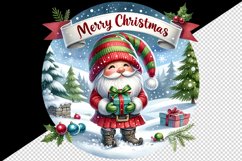 Watercolor cute gnome holding gift box snowy Merry Christmas quote print 20 oz tumbler skinny mug wrap clipart t-shirt sublimation printable design