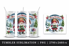 Watercolor cute gnome holding gift box snowy Merry Christmas quote print 20 oz tumbler skinny mug wrap clipart t-shirt sublimation printable design