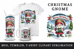 Watercolor cute gnome holding gift box snowy Merry Christmas quote print 20 oz tumbler skinny mug wrap clipart t-shirt sublimation printable design