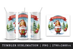 Watercolor cute gnome holding gift box snowy Merry Christmas quote print 20 oz tumbler skinny mug wrap clipart t-shirt sublimation printable design