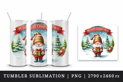 Watercolor cute gnome holding gift box snowy Merry Christmas quote print 20 oz tumbler skinny mug wrap clipart t-shirt sublimation printable design