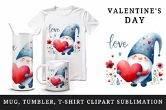 Watercolor cute gnome holding red heart flowers Love quote Valentine Day print tumbler skinny mug wrap clipart t-shirt sublimation printable design