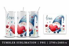 Watercolor cute gnome holding red heart flowers Love quote Valentine Day print tumbler skinny mug wrap clipart t-shirt sublimation printable design