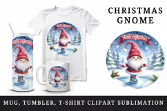 Watercolor cute gnome ice skating on frozen pond Merry Christmas quote print 20oz tumbler skinny mug wrap clipart t-shirt sublimation printable design