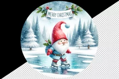 Watercolor cute gnome ice skating on frozen pond Merry Christmas quote print 20oz tumbler skinny mug wrap clipart t-shirt sublimation printable design