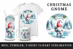 Watercolor cute gnome ice skating on frozen pond Merry Christmas quote print 20oz tumbler skinny mug wrap clipart t-shirt sublimation printable design