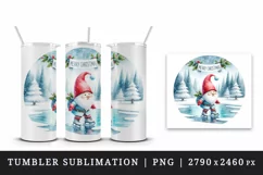 Watercolor cute gnome ice skating on frozen pond Merry Christmas quote print 20oz tumbler skinny mug wrap clipart t-shirt sublimation printable design