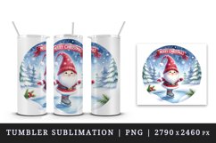 Watercolor cute gnome ice skating on frozen pond Merry Christmas quote print 20oz tumbler skinny mug wrap clipart t-shirt sublimation printable design