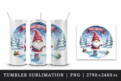 Watercolor cute gnome ice skating on frozen pond Merry Christmas quote print 20oz tumbler skinny mug wrap clipart t-shirt sublimation printable design