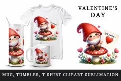 Watercolor cute gnome mushroom heart love Valentine Day card print 20 oz tumbler skinny mug wrap clipart t-shirt sublimation printable design
