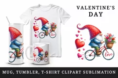 Watercolor cute gnome riding bicycle hearts Love quote Valentine Day print 20 oz tumbler skinny mug wrap clipart t-shirt sublimation printable design