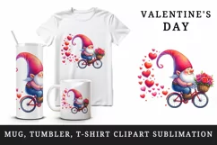 Watercolor cute gnome riding bicycle hearts Love Valentine Day print 20 oz tumbler skinny mug wrap clipart t-shirt sublimation printable design