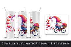 Watercolor cute gnome riding bicycle hearts Love Valentine Day print 20 oz tumbler skinny mug wrap clipart t-shirt sublimation printable design