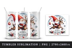 Watercolor cute gnome riding reindeer Merry Christmas quote print 20 oz tumbler skinny mug wrap clipart t-shirt sublimation printable design