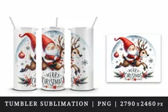 Watercolor cute gnome riding reindeer Merry Christmas quote print 20 oz tumbler skinny mug wrap clipart t-shirt sublimation printable design