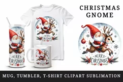 Watercolor cute gnome riding reindeer Merry Christmas quote print 20 oz tumbler skinny mug wrap clipart t-shirt sublimation printable design