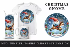 Watercolor cute gnome riding reindeer Merry Christmas quote print 20 oz tumbler skinny mug wrap clipart t-shirt sublimation printable design