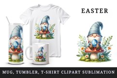Watercolor cute gnome sitting atop mushroom holding sparkly Easter egg print 20oz tumbler skinny mug wrap clipart t-shirt sublimation printable design